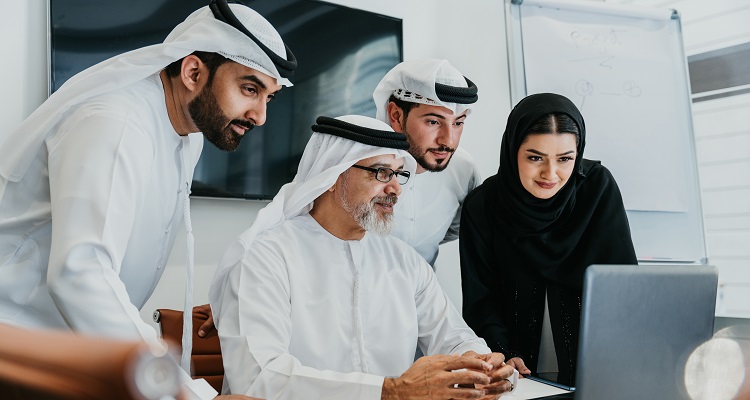 Picture of a group of Middle Eastern men and women at business meeting